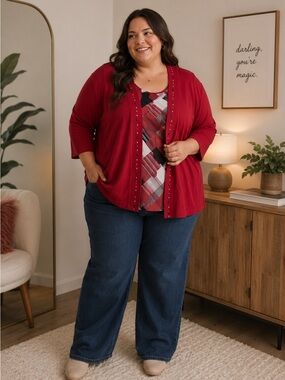 Alfred Dunner Berry Red Knit Open Cardigan
